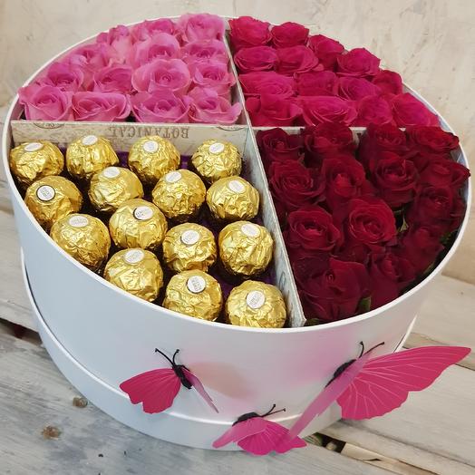 Любимые розы с любимыми конфетами в стильной коробке